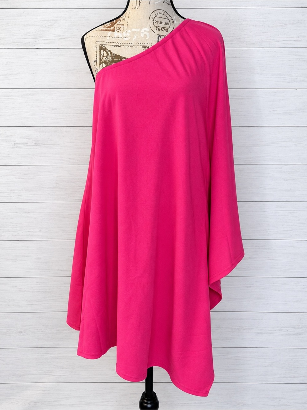 Fuchsia Hot Pink One Shoulder Cape Sleeve Flowy Mini Dress Tunic